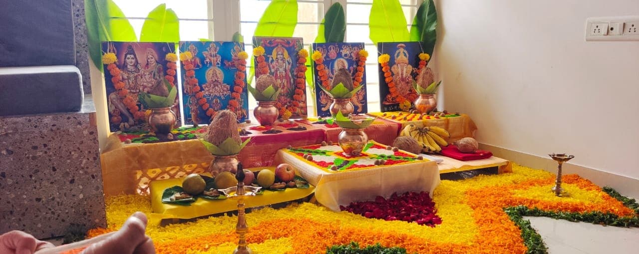 An altar prepared by Pandit Ji before a ceremony